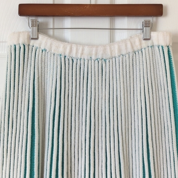 80's Vintage Unique Pleated Knit High Waisted A-Line Mini Skirt White Teal XL - Picture 2 of 8